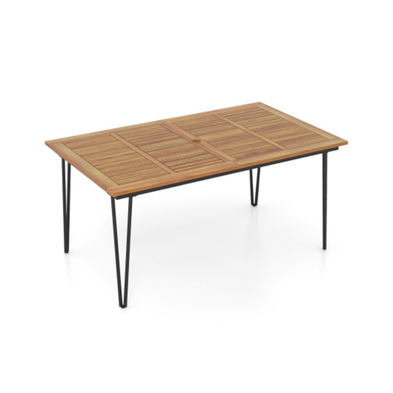 Rectangular Outdoor Dining Table for 6 People with Acacia Wood Tabletop and Umbrella Hole